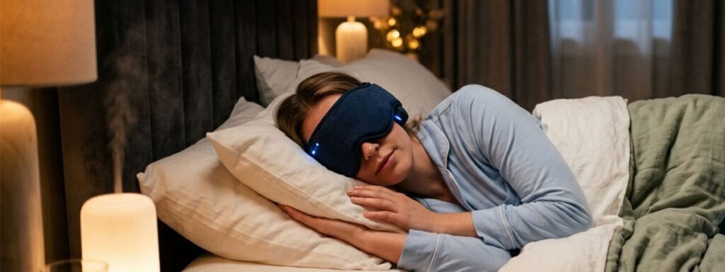 Femme endormie dans un lit douillet portant un masque de sommeil audio Bluetooth bleu et lampe de chevet tamisée