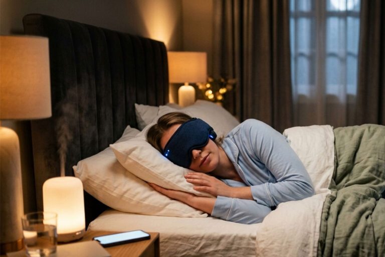 Femme endormie dans un lit douillet portant un masque de sommeil audio Bluetooth bleu avec diffuseur et lampe de chevet tamisée