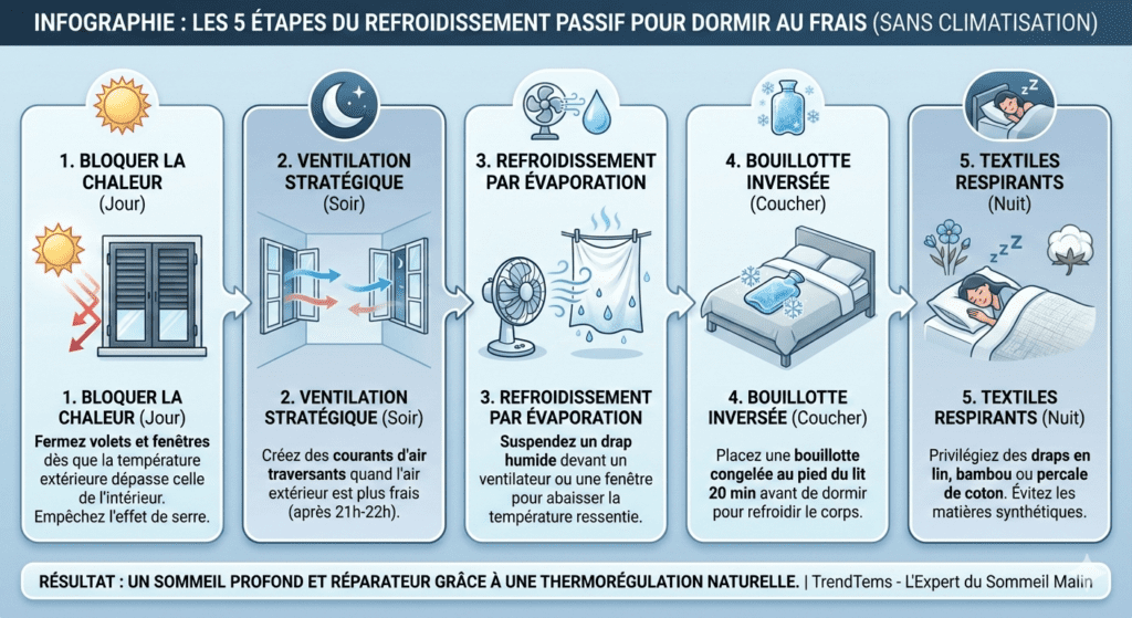 Infographie présentant 5 étapes pour refroidir sa chambre naturellement : bloquer la chaleur le jour, créer des courants d'air le soir, utiliser un drap humide devant un ventilateur, placer une bouillotte congelée au pied du lit et privilégier des draps respirants en lin ou bambou.