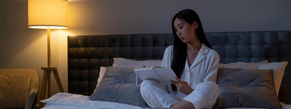 Jeune femme en pyjama blanc lisant un carnet dans son lit pour se détendre avant de dormir