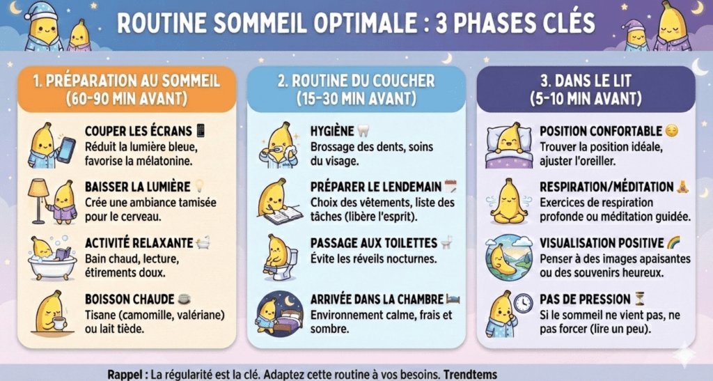 routine-sommeil-optimale-3-phases-trendtems Infographie routine sommeil Trendtems : 3 étapes pour s’endormir vite (préparation, hygiène du soir, relaxation au lit)