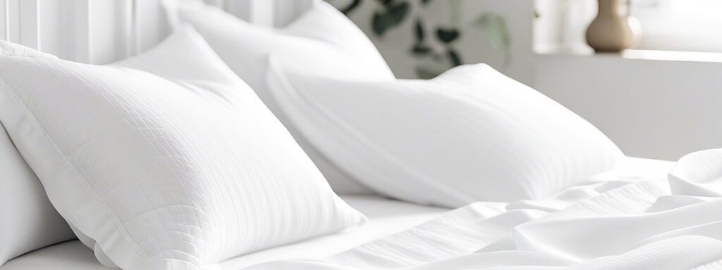 Gros plan sur un lit avec des draps en satin blanc, des oreillers moelleux à motifs texturés et une plante verte en arrière-plan.