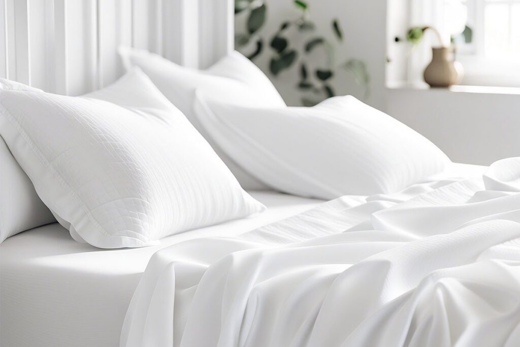 Gros plan sur un lit avec des draps en satin blanc froissés, des oreillers moelleux à motifs texturés et une plante verte en arrière-plan.