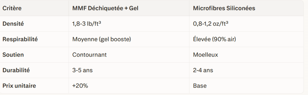 Tableau comparant la mousse à mémoire de forme (MMF) déchiquetée avec gel et les microfibres siliconées selon la densité, respirabilité, soutien, durabilité et prix.