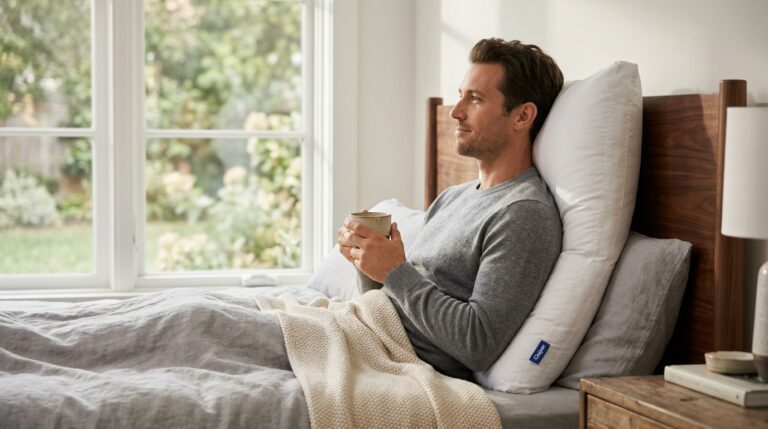 Un homme s'appuyant contre un oreiller blanc Casper Sleep Original moelleux, reconnaissable à son étiquette bleue, tout en buvant un café dans une chambre lumineuse.