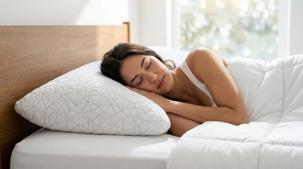 Personne endormie paisiblement sur le côté, la tête posée sur un grand oreiller blanc Coop Home Goods Cool+ au motif matelassé dans une chambre ensoleillée.
