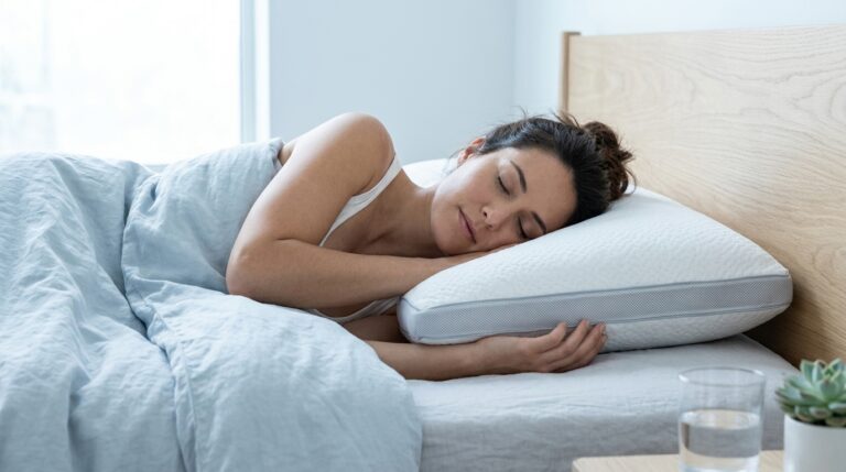 Femme endormie sur le côté sur un oreiller blanc Eden Cool+ avec liseré gris, dans une chambre moderne baignée d'une lumière douce et rafraîchissante