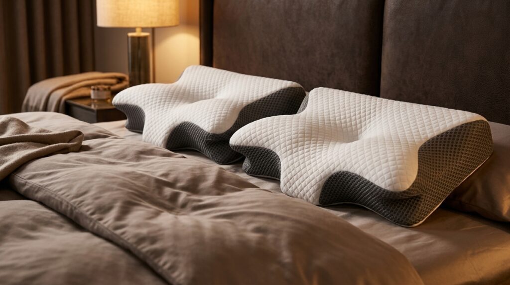 Duo d'oreillers cervicaux Elviros ergonomiques, surface matelassée blanche et contours gris, disposés de près sur un lit de luxe sous une lumière artificielle tamisée.