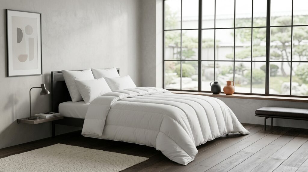 Une couette blanche épaisse avec surpiqûres verticales drapée sur un lit moderne dans une chambre spacieuse aux grandes baies vitrées.