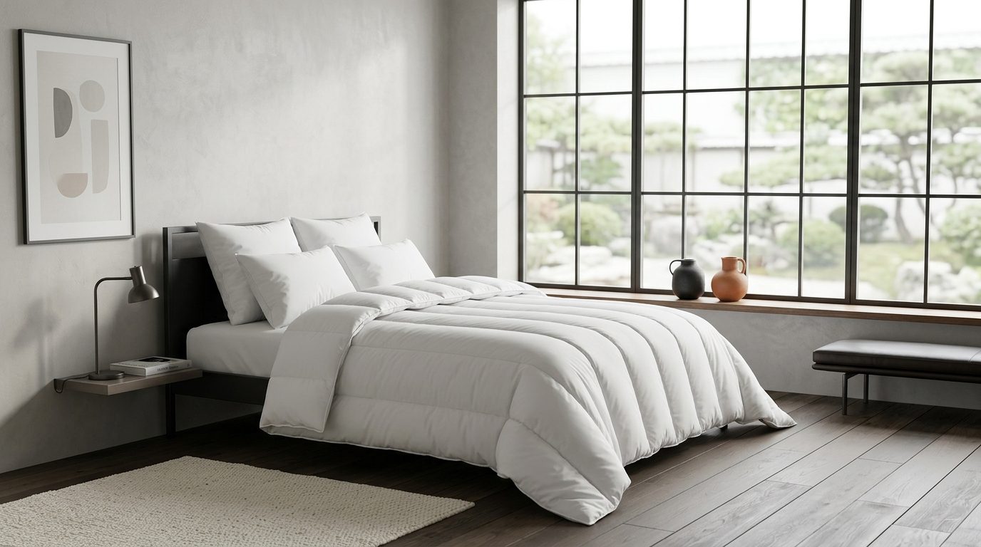 Une couette blanche épaisse avec surpiqûres verticales drapée sur un lit moderne dans une chambre spacieuse aux grandes baies vitrées.