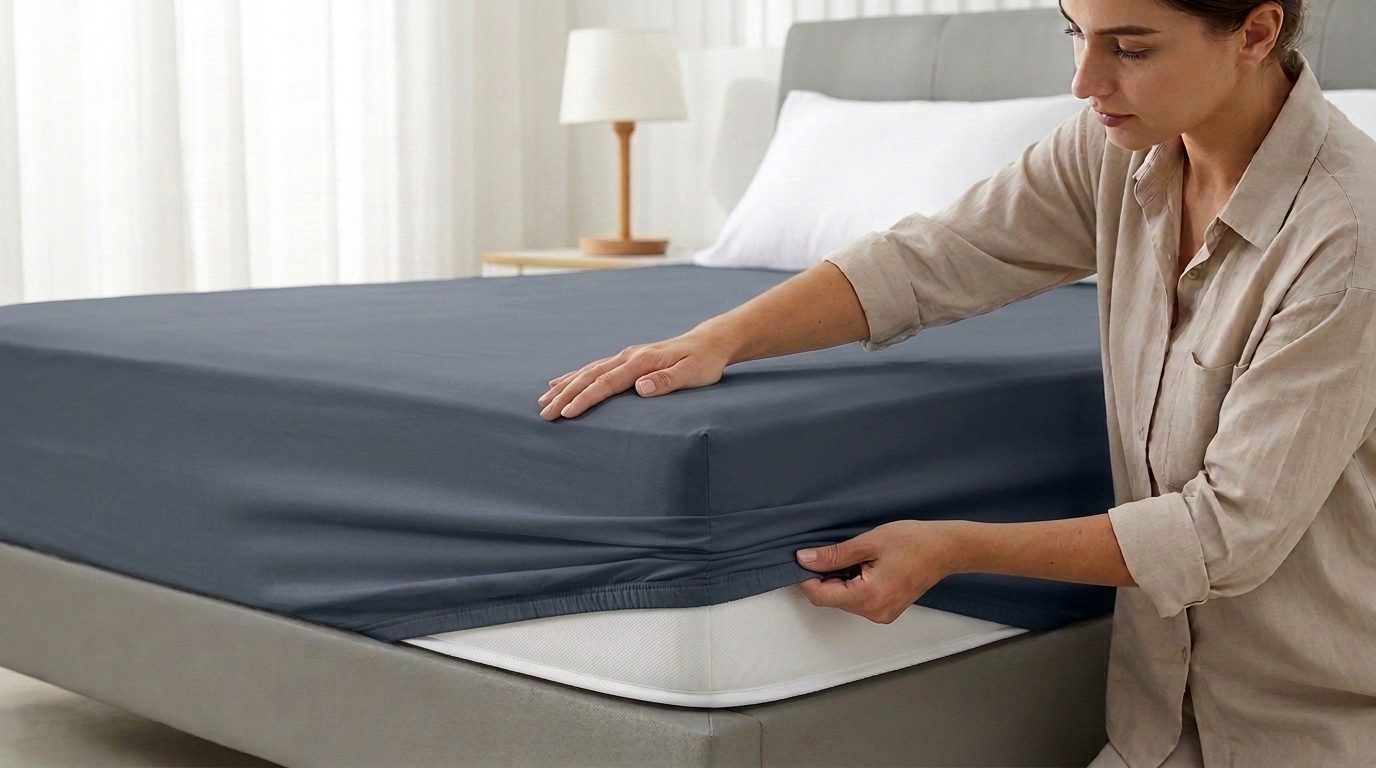 Une femme installe un protège-matelas gris anthracite à surface totalement lisse sur un matelas blanc, montrant l'ajustement parfait sans aucun motif apparent.