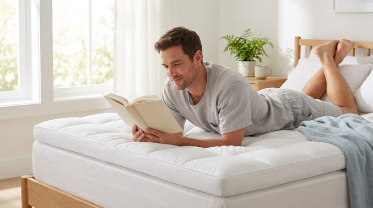 Un homme souriant assis sur un lit, testant avec sa main la douceur et l'épaisseur d'un surmatelas blanc matelassé dans une chambre lumineuse.