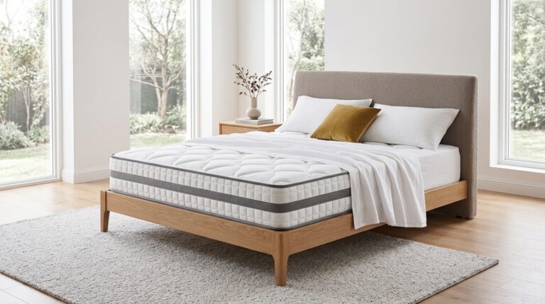 Matelas blanc au motif matelassé posé sur un cadre de lit moderne dans une chambre spacieuse, lumineuse et élégante.