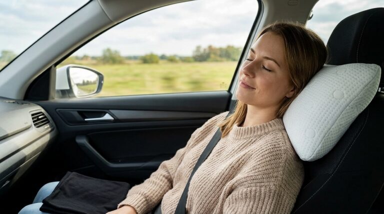 Une femme détendue à la place passager d'une voiture, utilisant un oreiller de voyage blanc matelassé pour soutenir sa tête pendant le trajet.