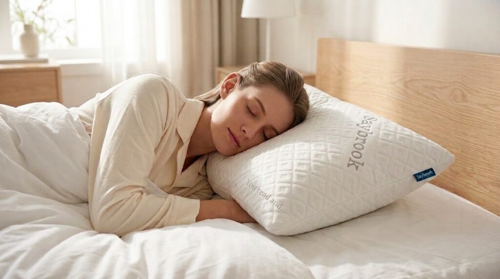 Femme endormie sur le côté sur un unique oreiller Saybrook blanc matelassé dans une chambre moderne et lumineuse.