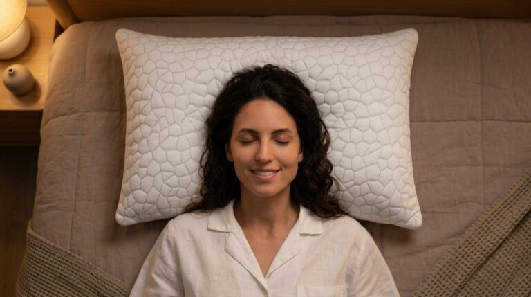 Femme souriante vue de dessus allongée sur un oreiller blanc SUPA MODERN avec motif géométrique texturé dans une chambre à l'éclairage tamisé.