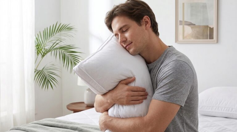 Homme de profil enlaçant un oreiller blanc Utopia Bedding dans une chambre lumineuse, montrant le volume et le confort du produit.