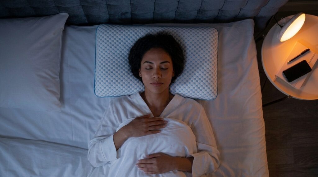 Une femme dort sur le dos dans une chambre sombre éclairée par une lampe de chevet, sa tête reposant sur un oreiller WEEKENDER blanc et bleu.