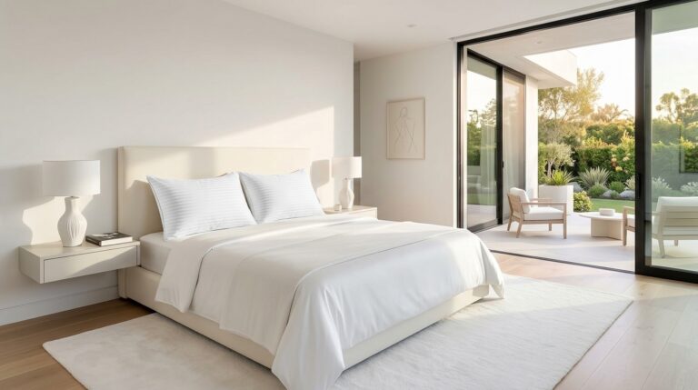 Deux oreillers blancs de luxe à rayures damassées posés sur un lit aux draps de soie blanche dans une chambre minimaliste avec vue sur un jardin ensoleillé via une baie vitrée.